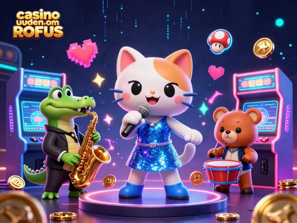 Engage with casino uden om ROFUS in an animated scene featuring lively characters and casino-themed elements.