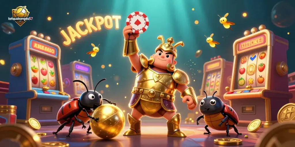 Experience the energy of ketquabongda57 with a victorious beetle character amidst vibrant casino slot machines.