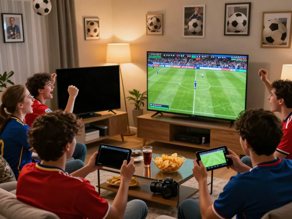 Fans enjoying a vibrant game day experience on xoilactvx.me with snacks and team jerseys.