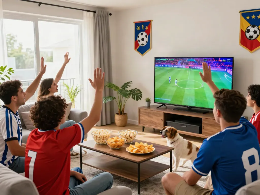 Fans celebrating while watching gà vàngtv football match in a lively living room.