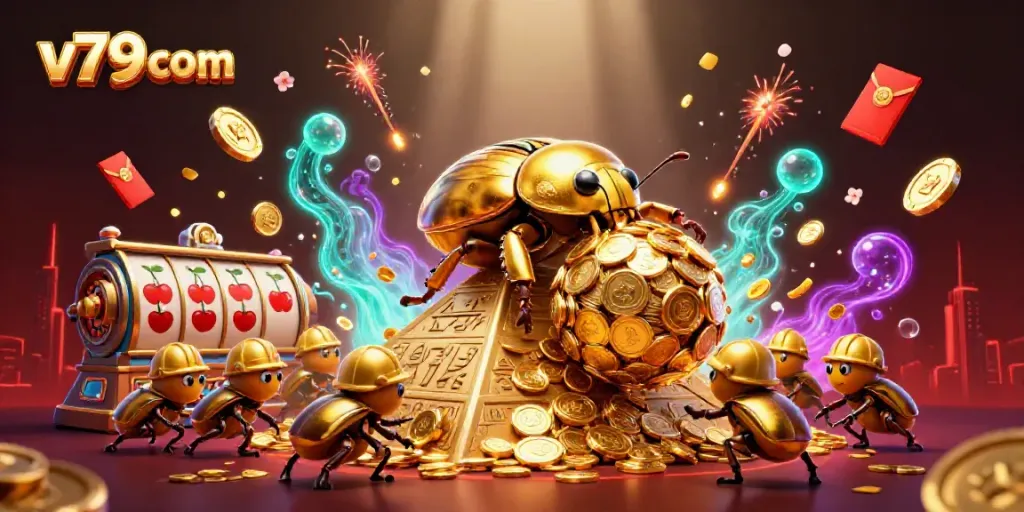 Spin the slots with v79 com, featuring golden coins, beetles, and vibrant casino elements.