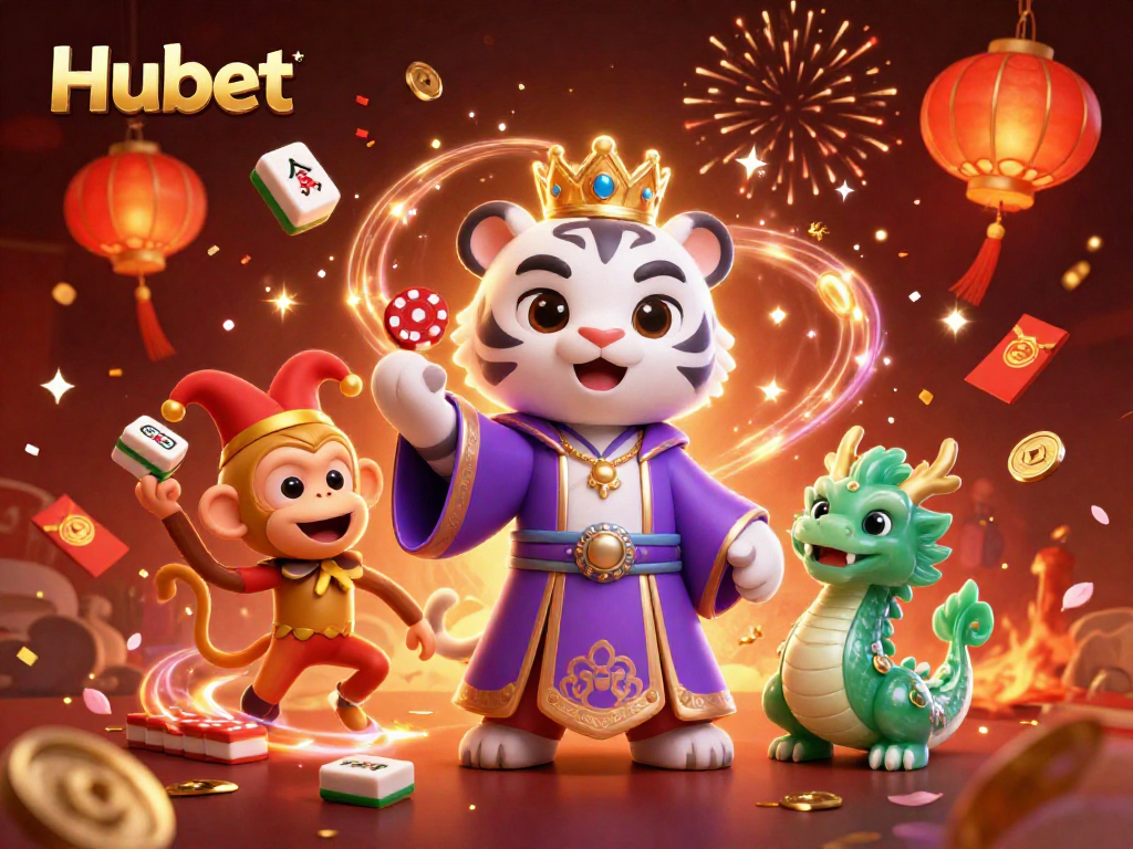 Experience the thrill of Hubet with an animated casino scene showcasing a playful tiger and monkey.