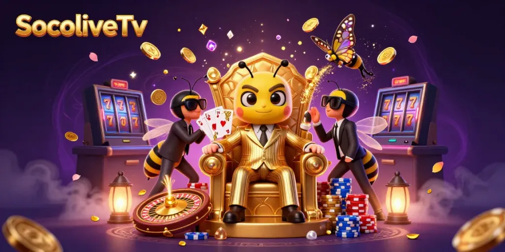 SocoliveTv presents a vibrant 3D illustration showcasing an animated bumblebee mob boss amidst cascading coins and a spinning roulette wheel in a lavish setting.