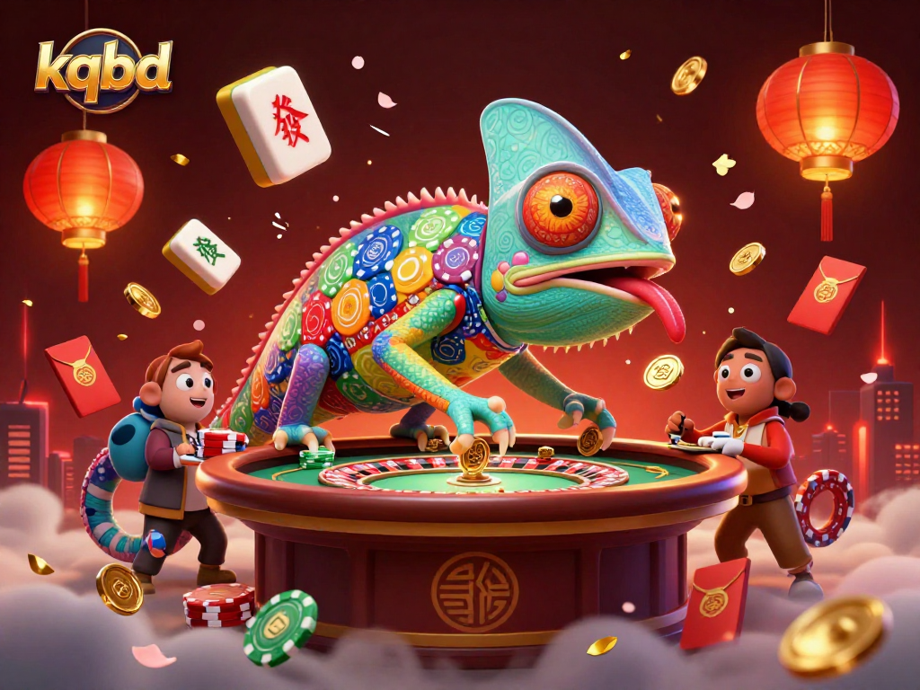 KQBD delivers thrilling live gambling experiences with a colorful chameleon casino owner and vibrant game elements.