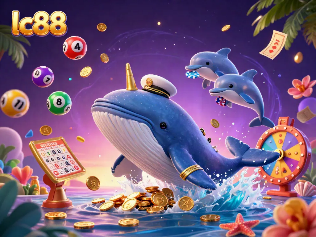 Experience the excitement of lc88 through a vibrant 3D depiction of a whale and narwhal surrounded by gaming elements.