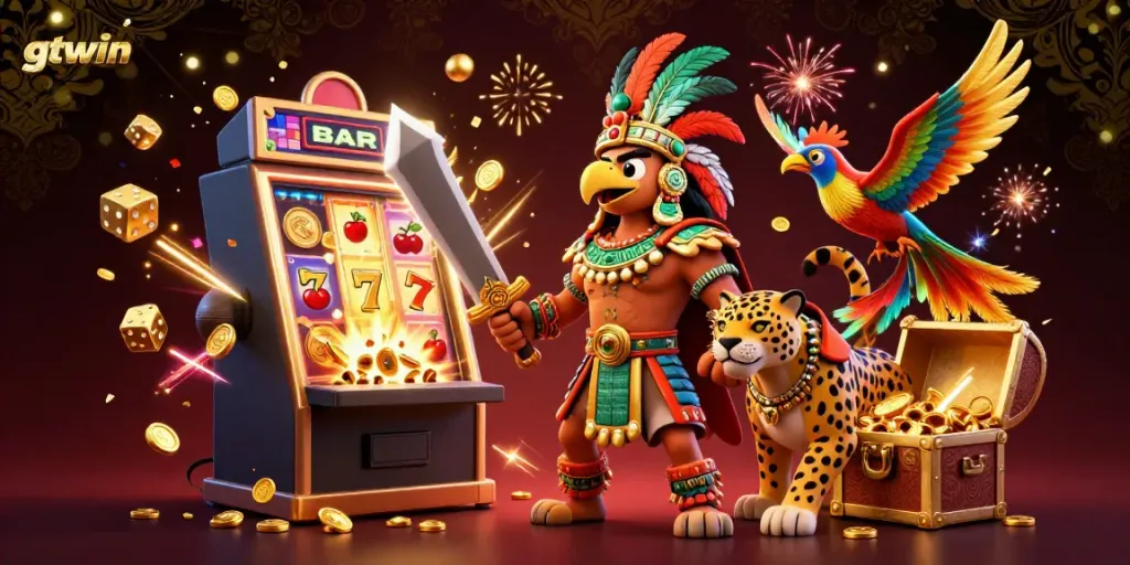 Engage in thrilling gameplay with GTWIN as the Aztec eagle warrior and jaguar companion celebrate a jackpot.