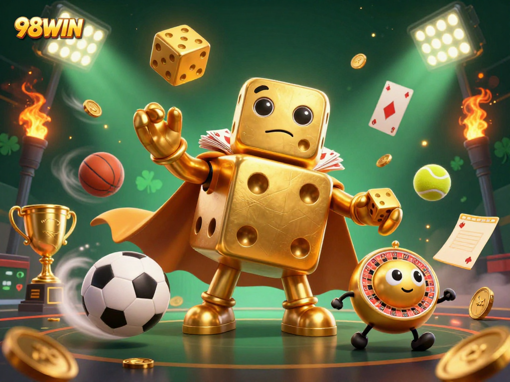 Experience thrilling gaming with 98WIN in a vibrant casino scene featuring dynamic elements and golden characters.