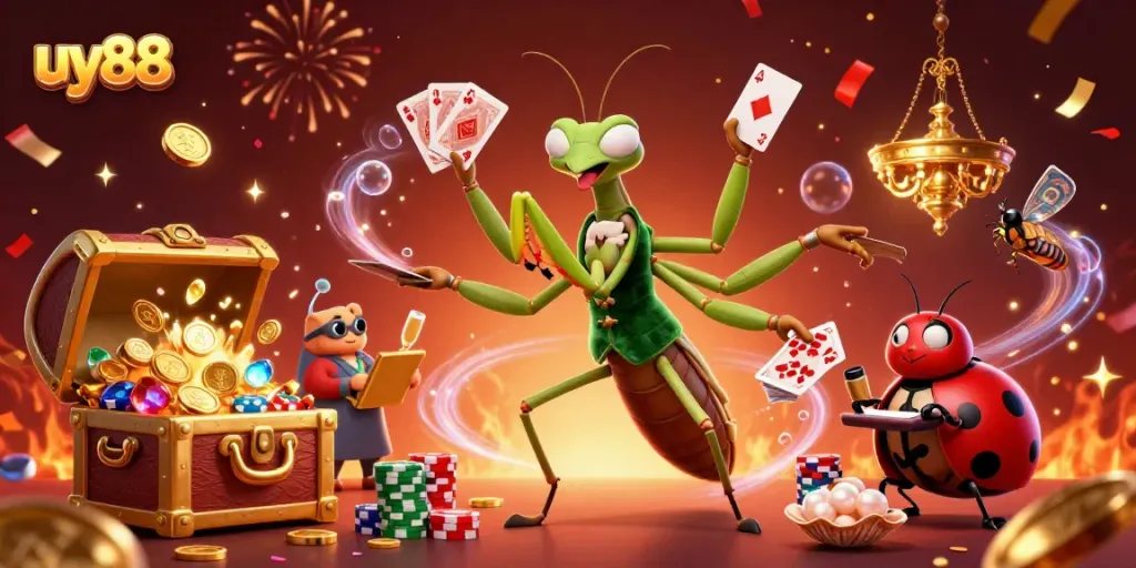 Join the excitement at uy88 with a vibrant depiction of interactive gaming and celebratory elements.