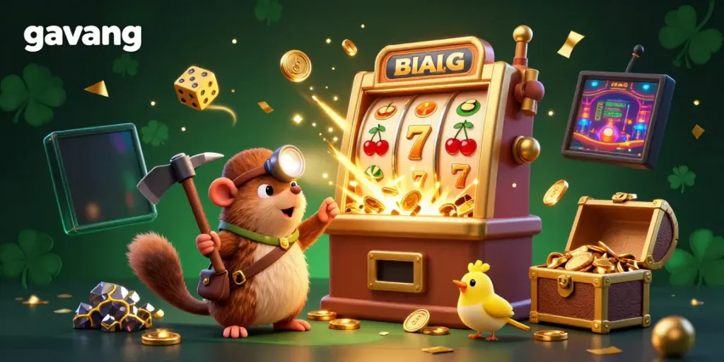 Experience the excitement of gavang with this vibrant illustration showcasing a treasure hunter mole and canary amidst jackpots, slot machines, and casino energy.