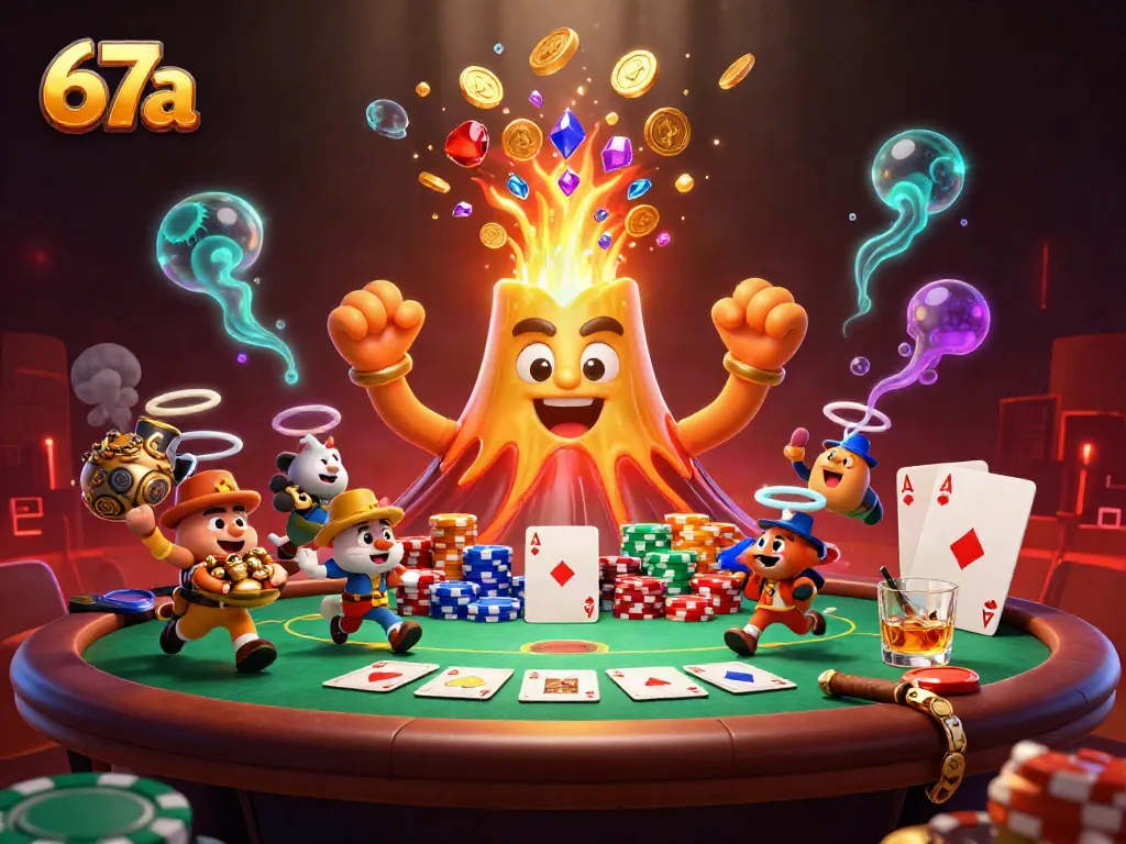 Experience thrilling gameplay at 67a with poker excitement and a golden volcano eruption.