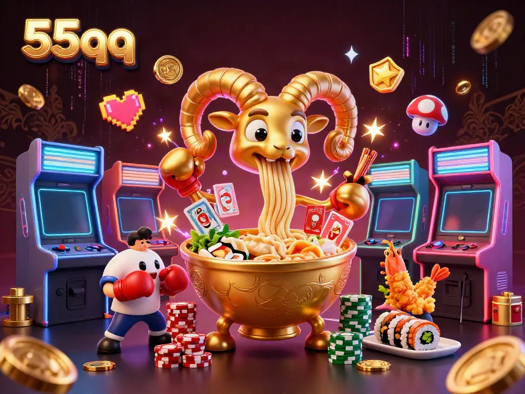 Experience the excitement of 55qq with a vibrant and dynamic casino illustration featuring unique characters and game elements.
