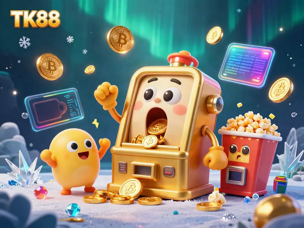 Experience thrilling jackpots at TK88 with golden slot machines and crypto elements, capturing casino excitement.