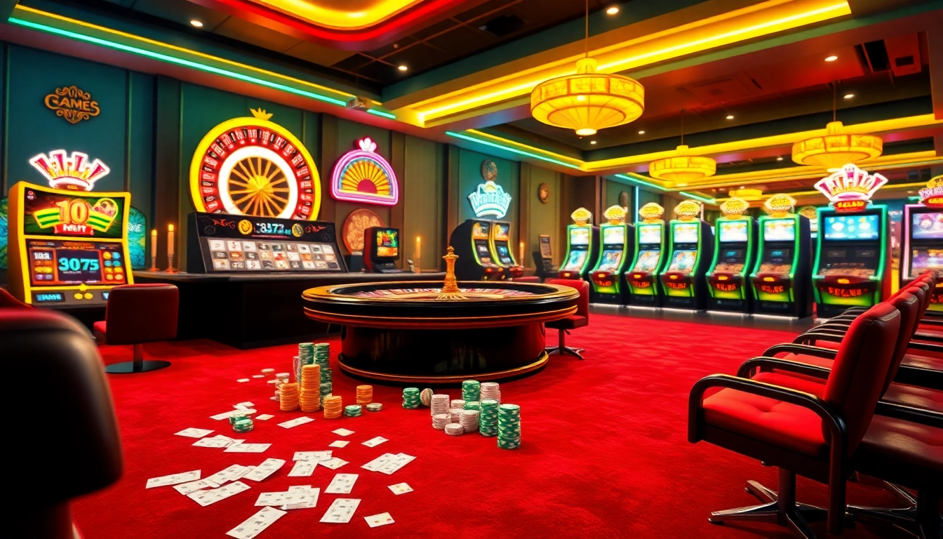 Dynamic action at nhà cái sin88 casino with vibrant tables, roulette wheel, and players engaged in thrilling gambling.