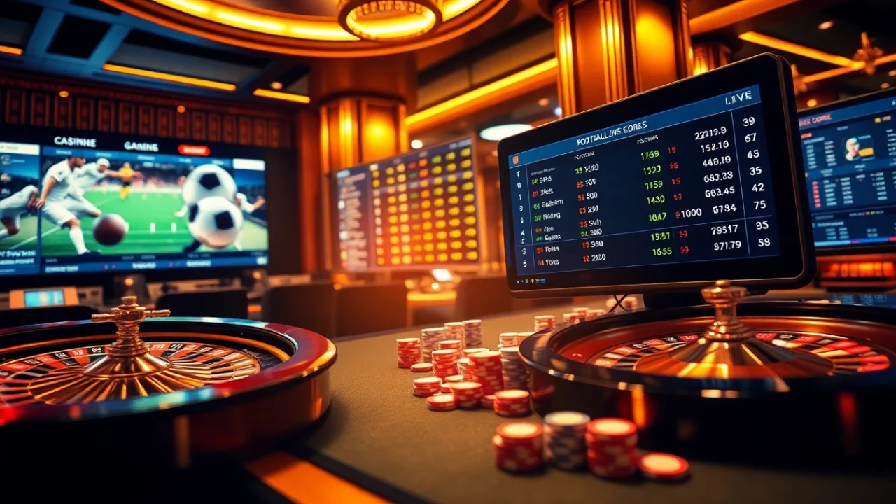 Tỷ số trực tuyến bóng đá displayed on high-tech devices in a luxurious casino setting.