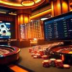 Tỷ số trực tuyến bóng đá displayed on high-tech devices in a luxurious casino setting.