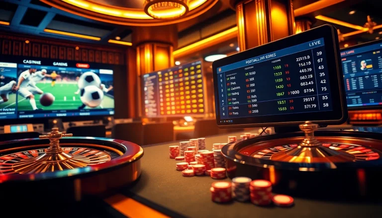 Tỷ số trực tuyến bóng đá displayed on high-tech devices in a luxurious casino setting.