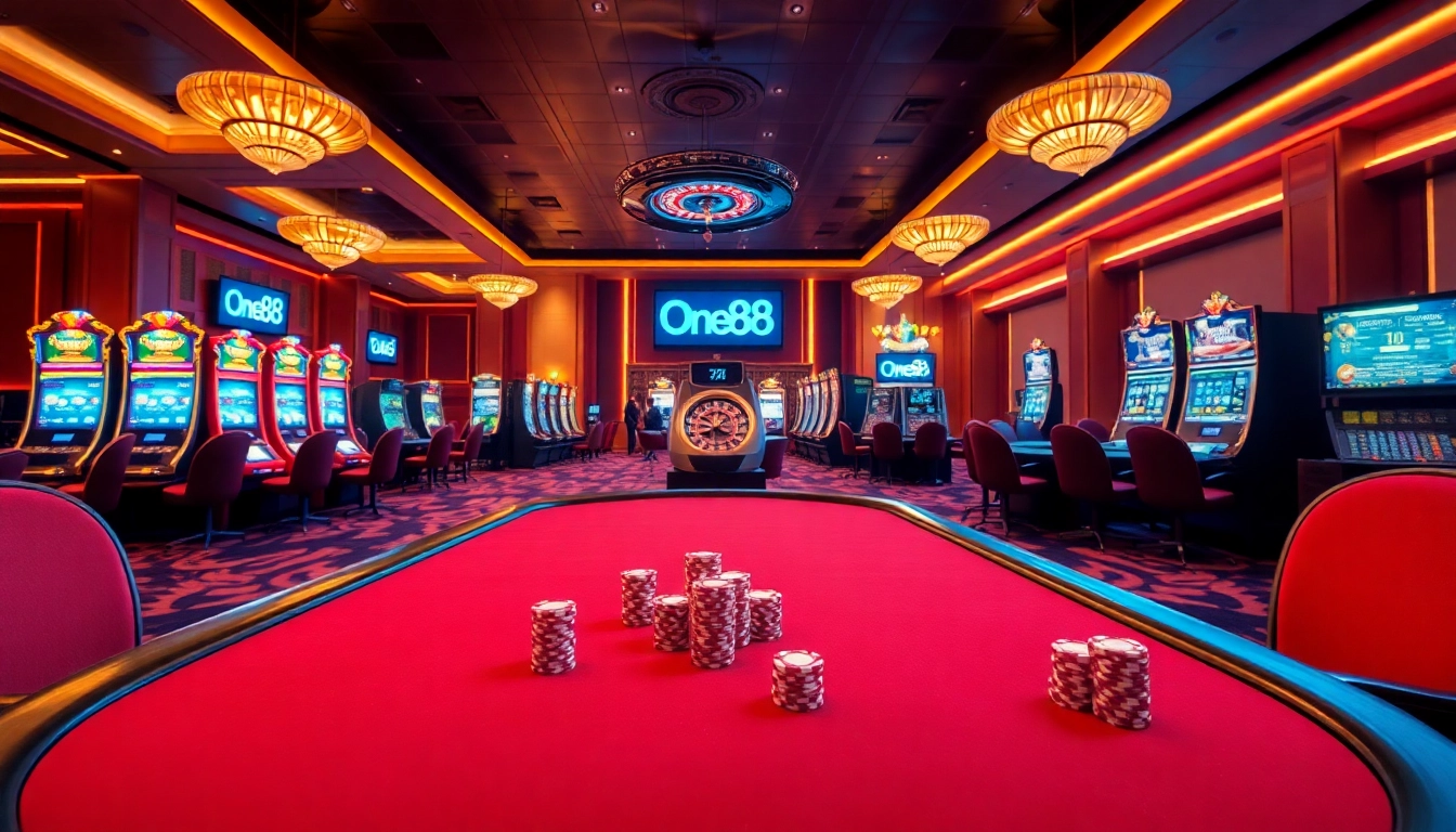 The vibrant scene of nhà cái one88 with dynamic poker action, glowing slot machines, and an engaging atmosphere.