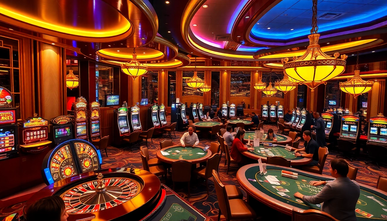 Engaging scene featuring the dynamic gaming atmosphere at nhà cái cwin casino with poker tables and slot machines.