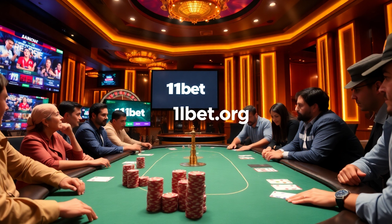 Exciting poker game scene featuring 11bet org branding with vibrant casino elements.