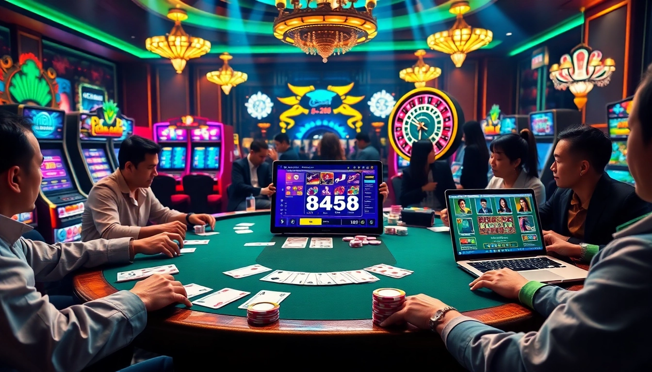 Experience the excitement of nhà cái xo88 at an elegant poker table in a vibrant casino setting.