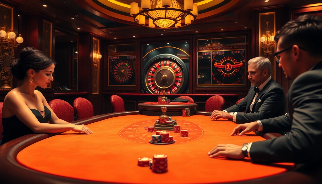 Engaging atmosphere at nhà cái vin88 with players at a high-stakes poker table and luxury decor.