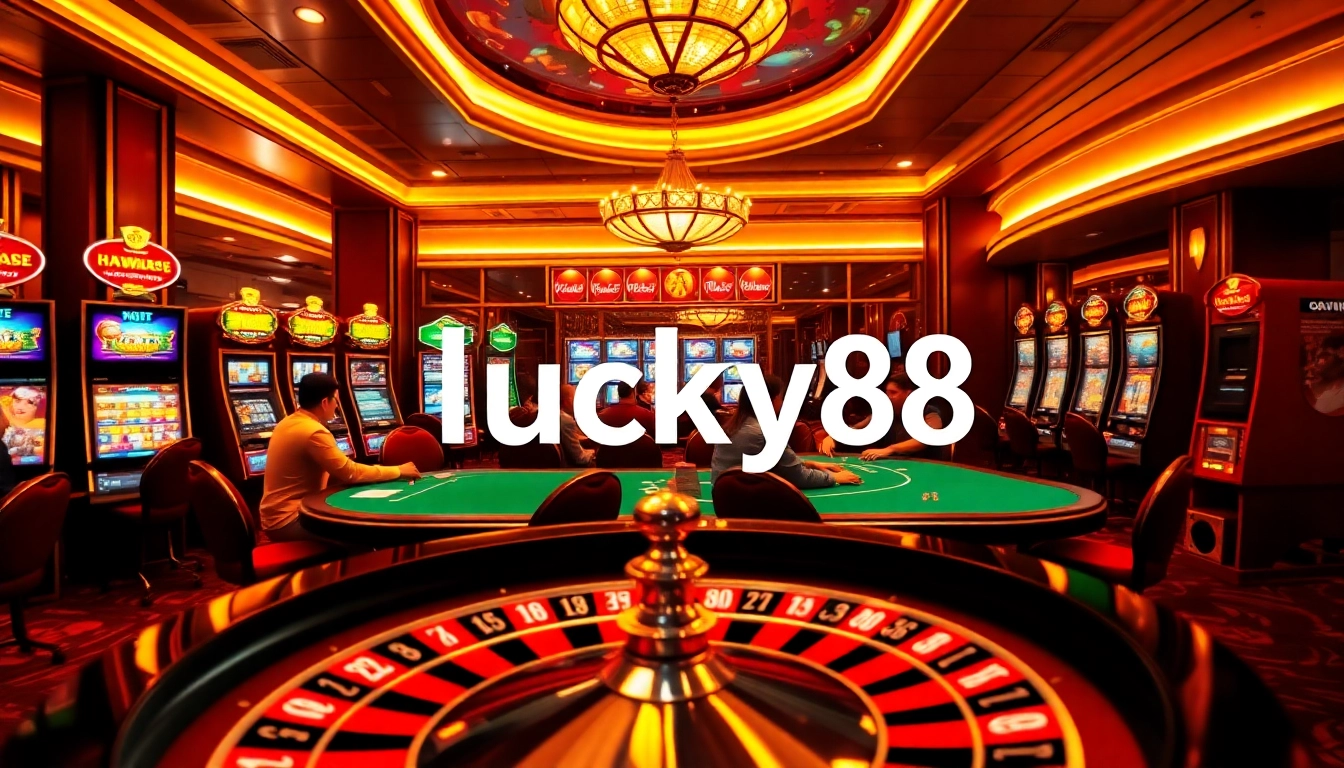 Experience the thrill at nhà cái lucky88 with an exhilarating casino scene featuring poker, roulette, and slot machines.