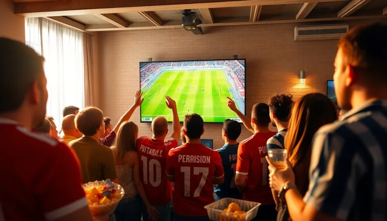 Xoilac TV live football streaming experience with excited fans watching a match on a large screen.