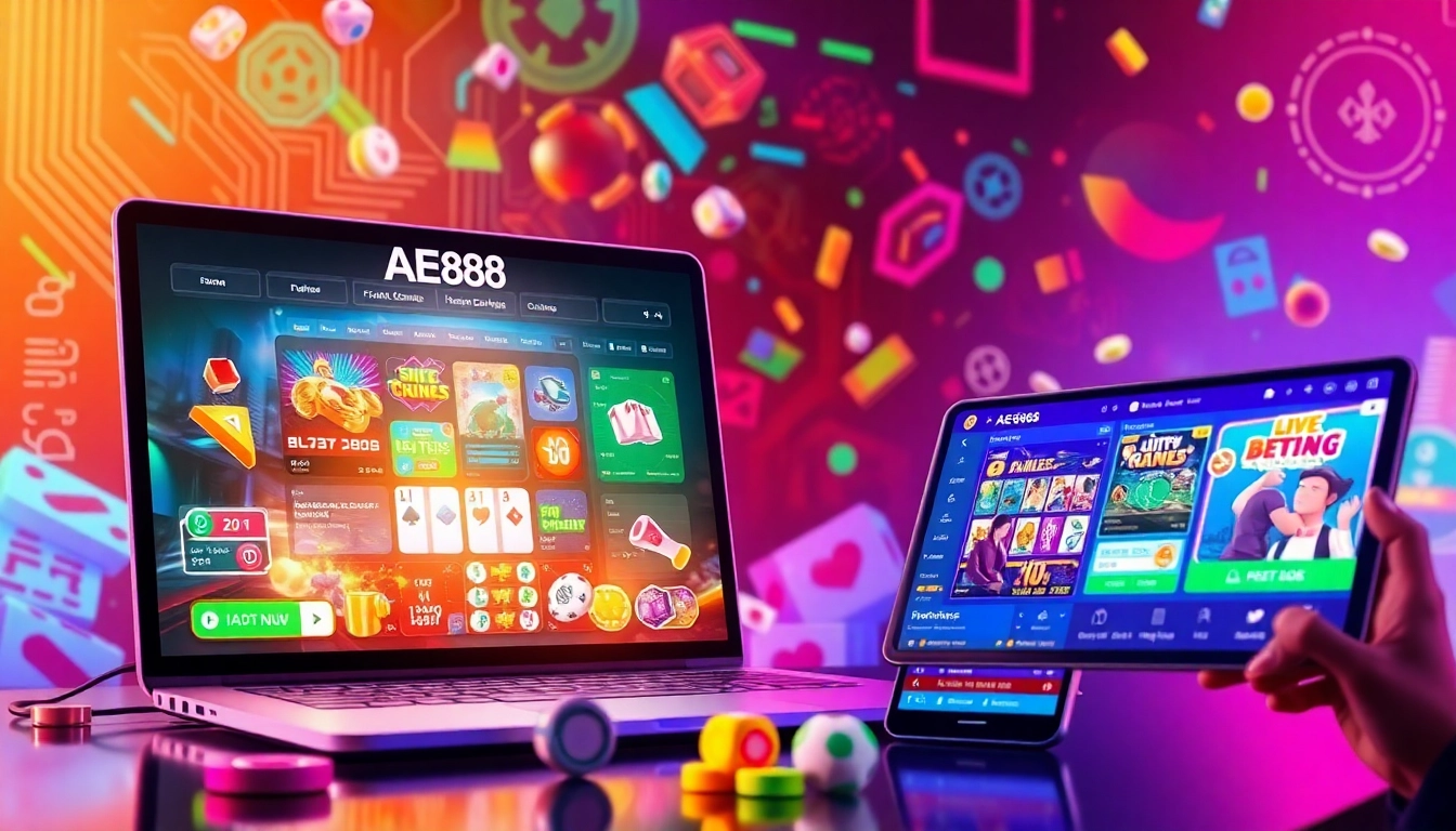 Engaging digital gaming scene at Trang chủ AE888, highlighting live bets and slot games.