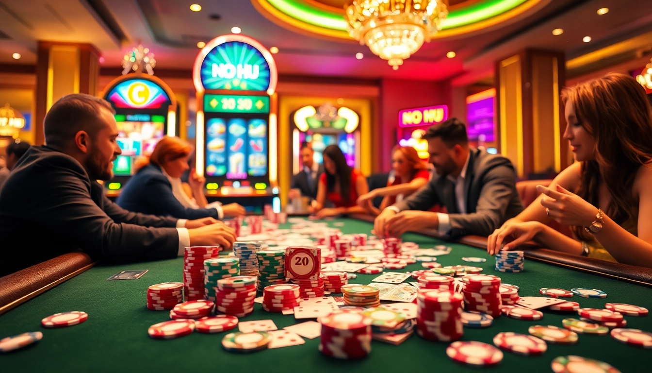 Players enjoying a vibrant gambling experience at a casino featuring NO HU slot machines and poker games.