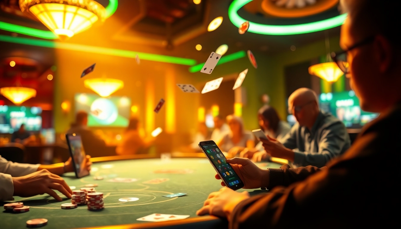 Engaging online gaming scene illustrating game bài đổi thưởng with vibrant card games and players.