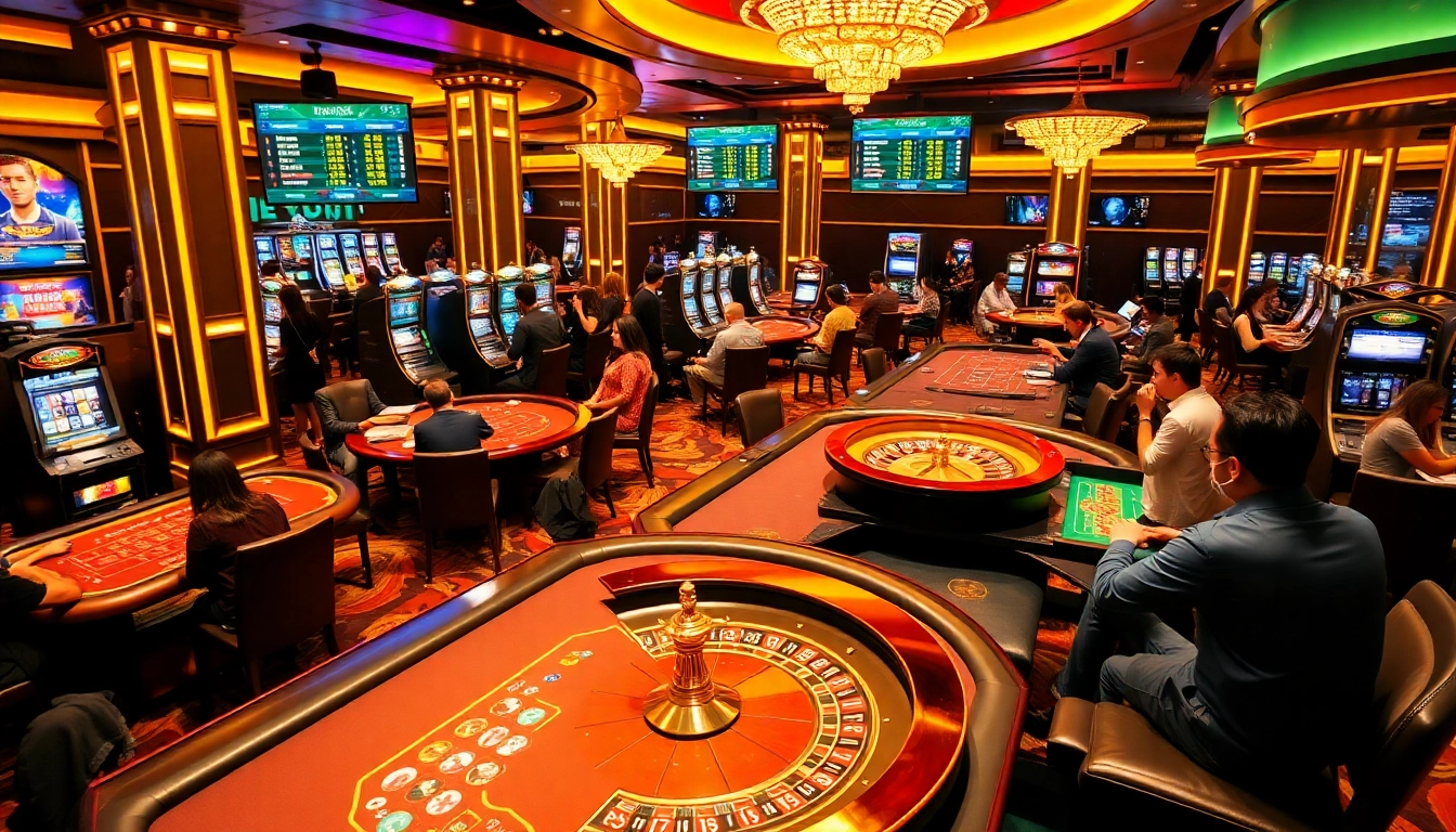 Engaging gamblers at nhà cái da88 betting on vibrant casino tables and slot machines.