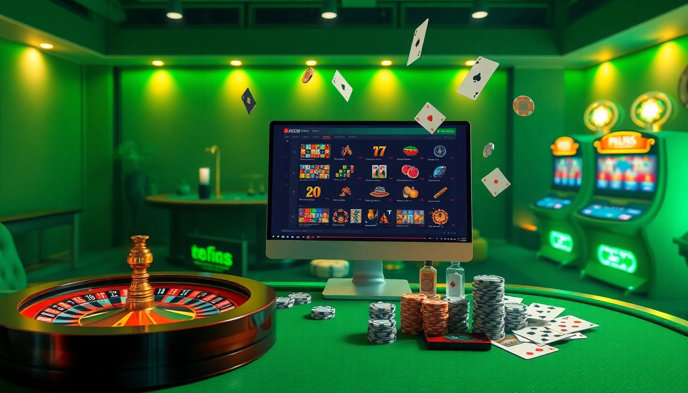 Exciting online gambling scene showcasing nhà cái fc88 with poker chips and roulette wheel.