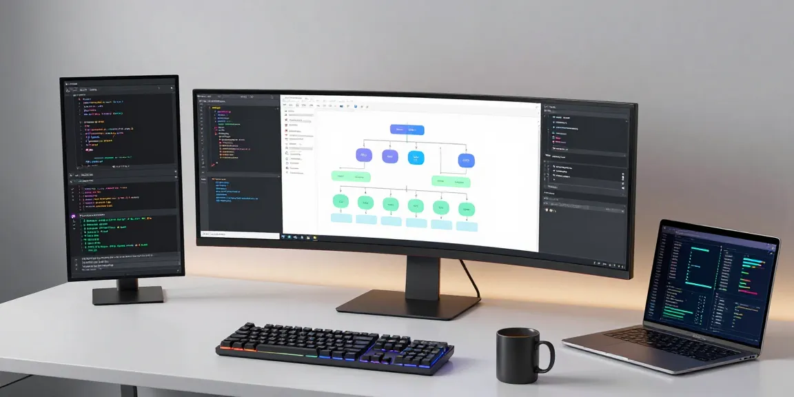 mb668u software development in a modern tech workspace with dual monitors and sleek devices
