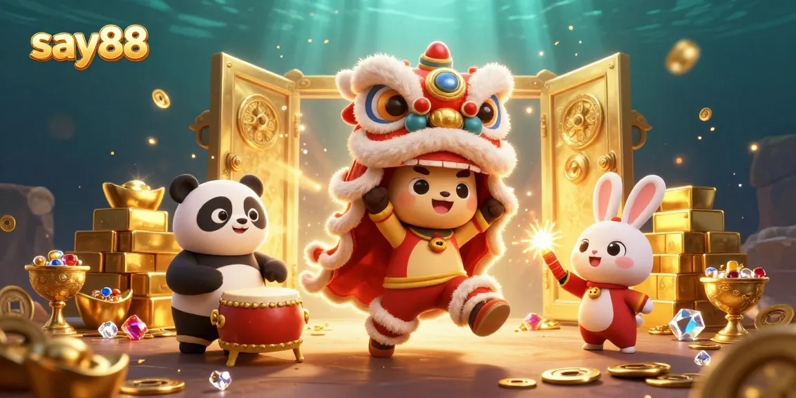 Engage with say88's thrilling lion dance illustrated in a vibrant casino scene filled with gold and jewels.