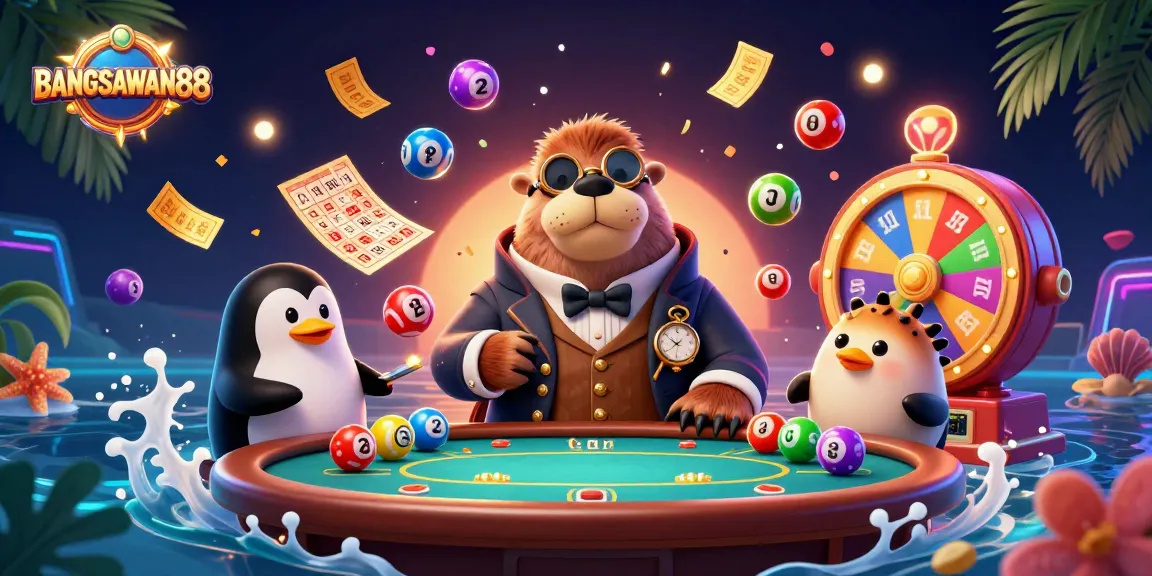 BANGSAWAN88 captures a vibrant underwater poker scene with a walrus, penguin dealer, and bluffing pufferfish.