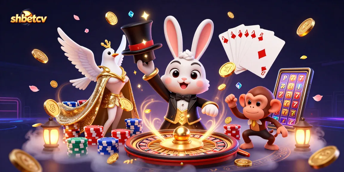 Experience shbetcv's dynamic casino adventure with a magician, dove, and monkey, showcasing exciting gaming elements.