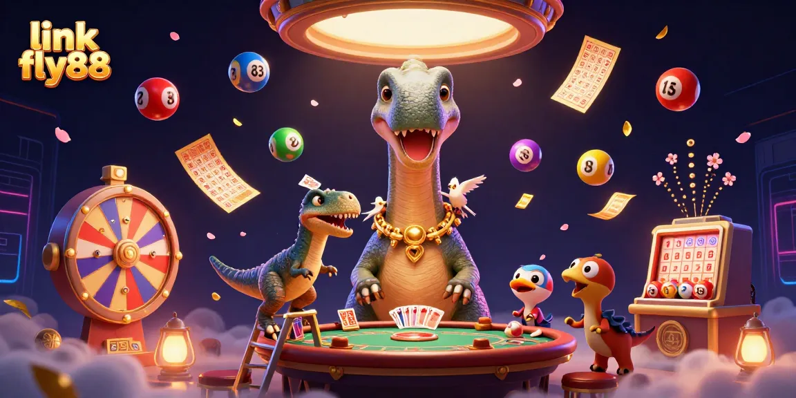 Engage with thrilling games at link fly88 while a dinosaur watches over a vibrant casino scene.