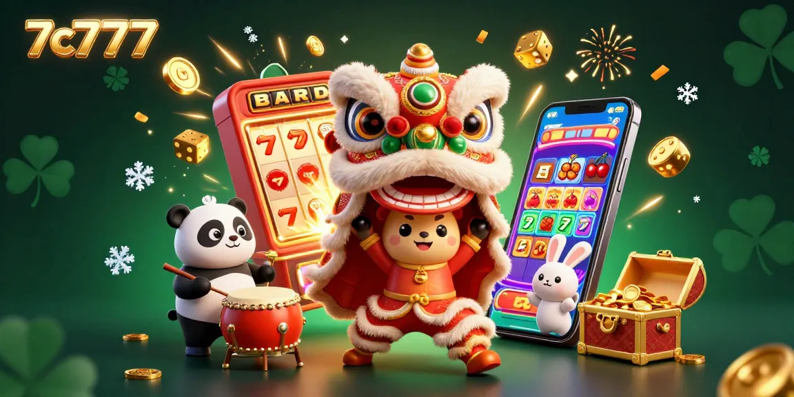 Engage in the thrilling action of 7c7777 with vivid characters and casino excitement, celebrating wins.