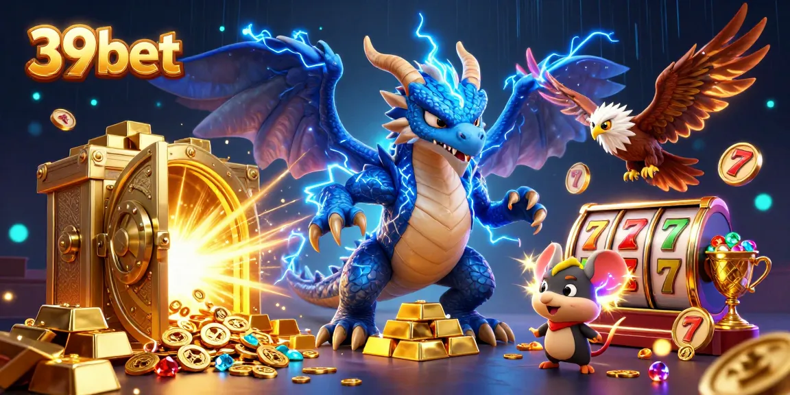 Experience thrilling play with 39bet in this dynamic 3D casino scene featuring action-packed slot games.