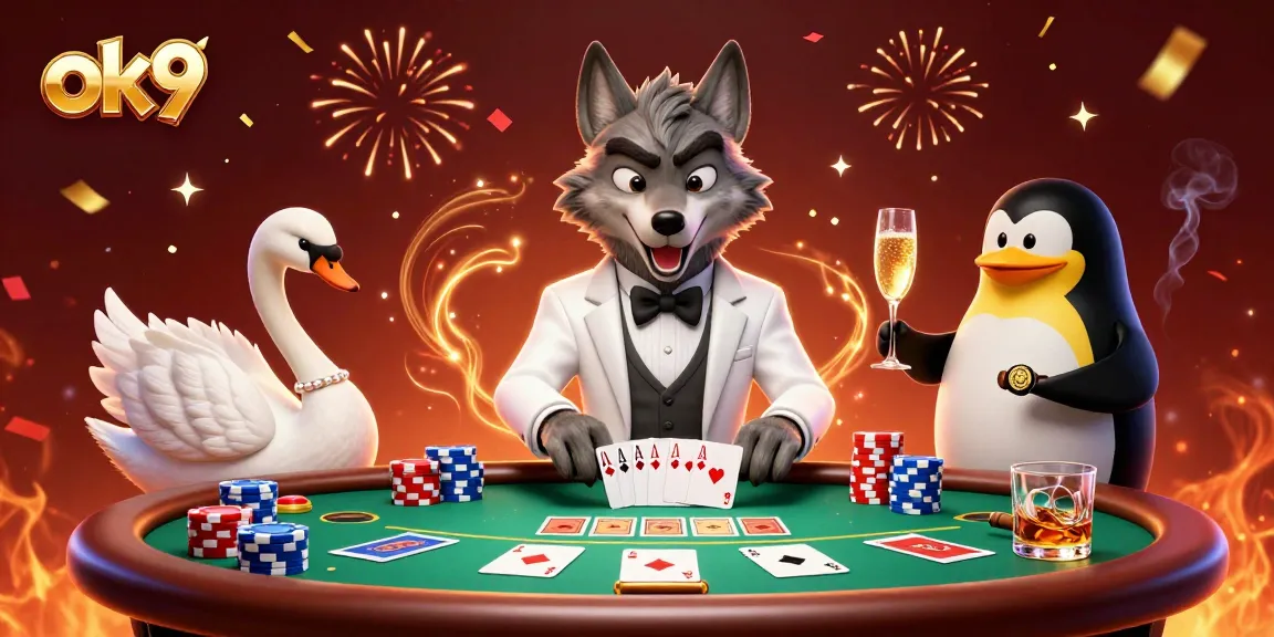 Experience thrilling action at ok9 with a debonair wolf, charming swan, and penguin sommelier at a dynamic casino scene.