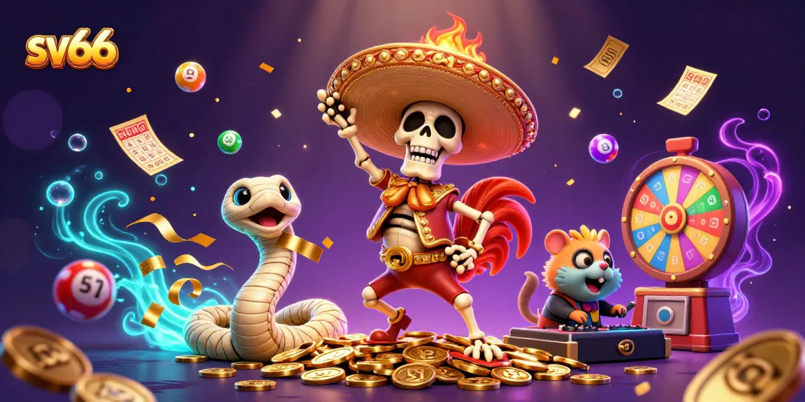 Experience thrilling victories at sv66 with a vibrant casino-themed illustration featuring animated characters.