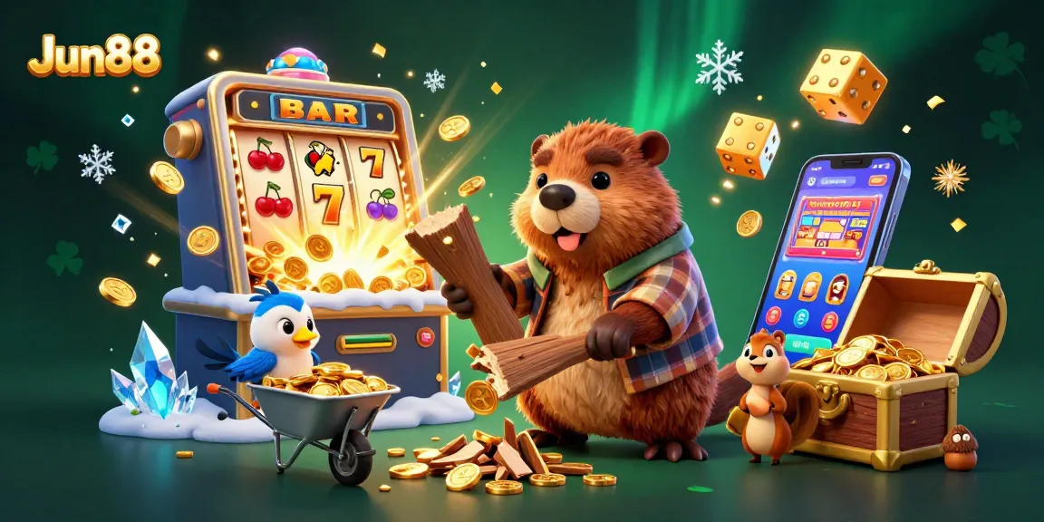 Engage with Jun88's thrilling slots experience featuring characters collecting coins in a vibrant casino setting.