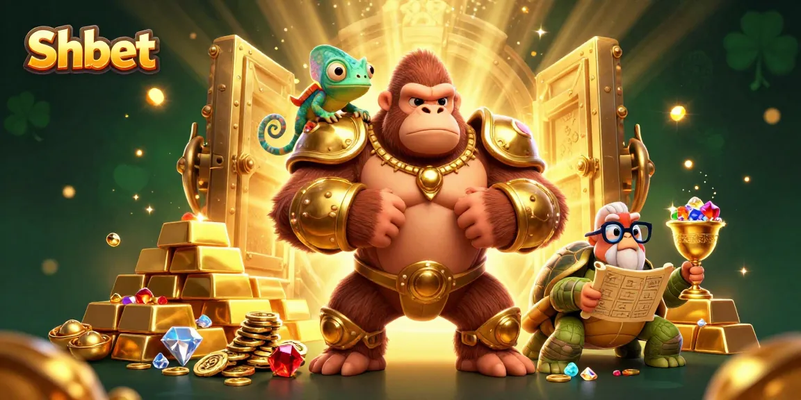 Shbet unleashes thrilling online casino excitement with a vibrant 3D illustration packed with gold and jewels.