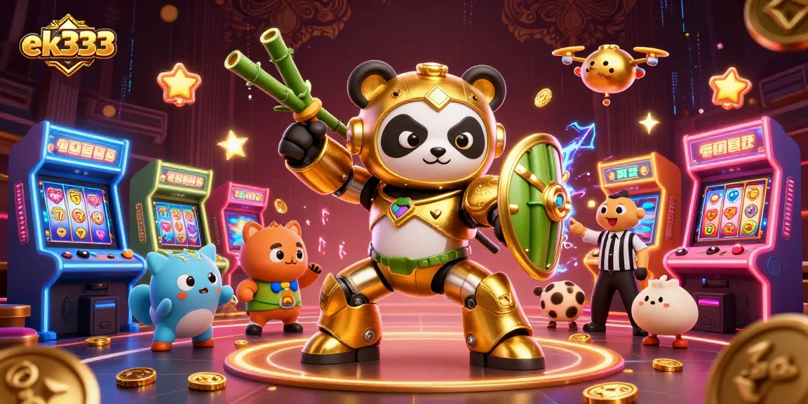 Engage in thrilling casino action with ek333 immersive 3D illustration of gambling robots and game elements.