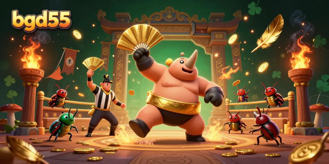 Experience vibrant winnings at bgd55 with a dynamic scene of beetles amid golden coins and casino elements.