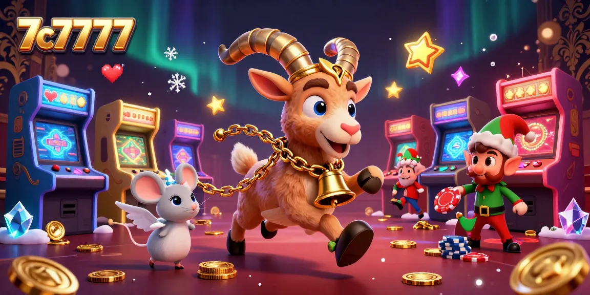 Engage with 7c7777 in a vibrant holiday-horror casino scene with Krampus, an angel mouse, and elf gremlins.