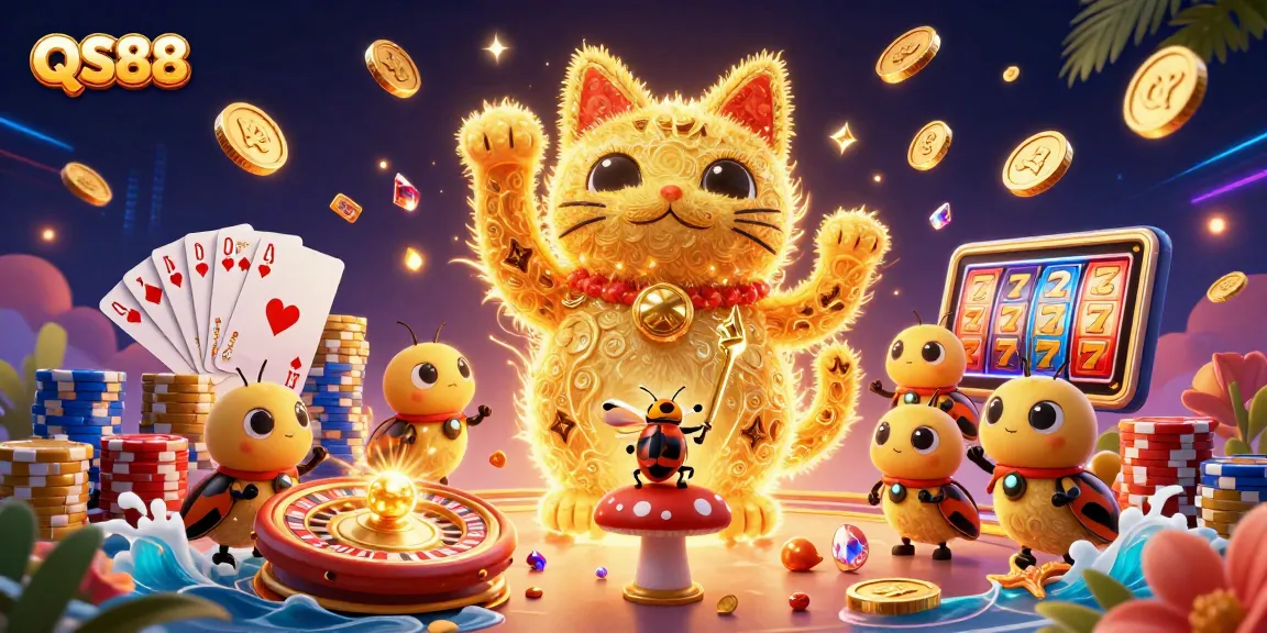 Engage in entertainment at QS88 with a vibrant 3D casino scene full of dynamic symbols.