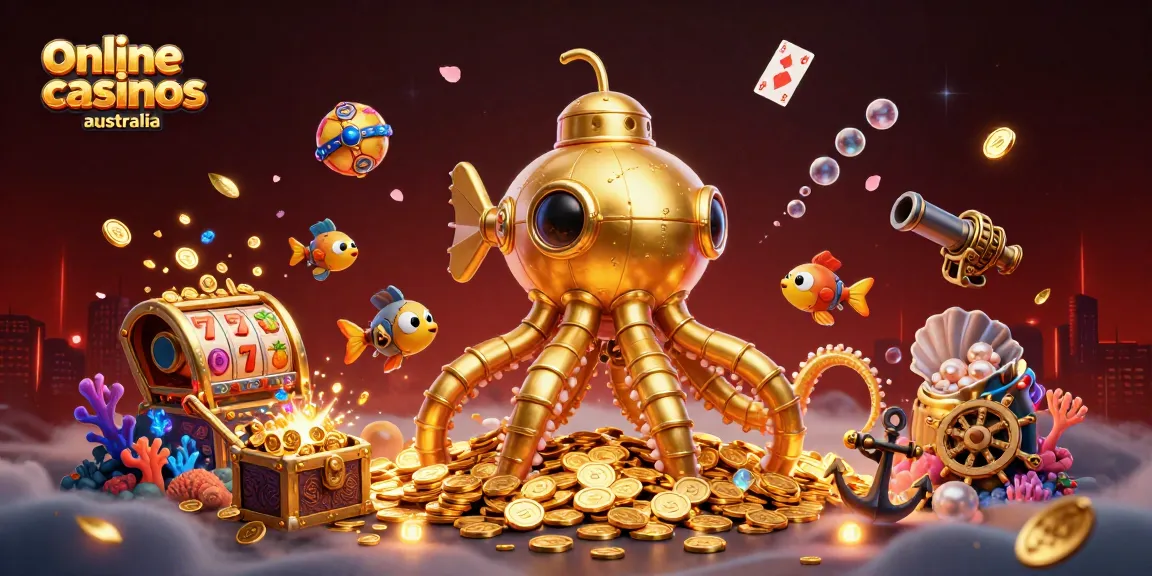 Join the adventure in online casinos Australia, featuring a golden kraken submarine amidst a treasure-filled sea.