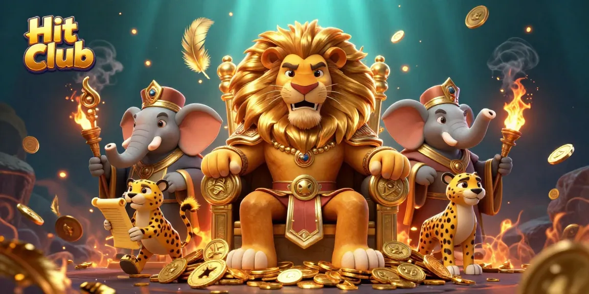 Hit Club showcases a vibrant 3D scene of the lion king in a gold throne, surrounded by dynamic gambling elements.