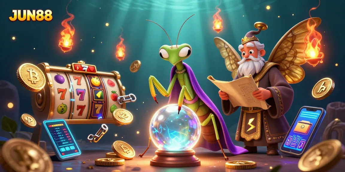 Engage in thrilling gaming at JUN88 with a vibrant 3D illustration of characters surrounded by slots and crypto.